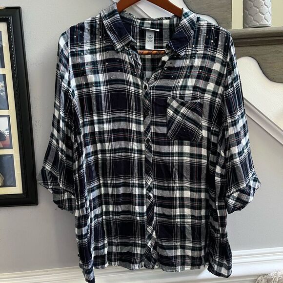 Catherines Rayon Plaid Studded Button Down Shirt sz 1X - Picture 1 of 5